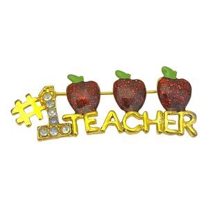Vintage 1980s #1 Teacher Brooch Glitter Enamel Apples Crystal Gold Tone Pin - 5T